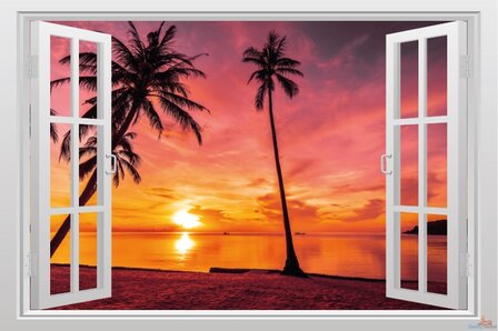 Open raam zonsondergang tropisch strand. Full color muursticker