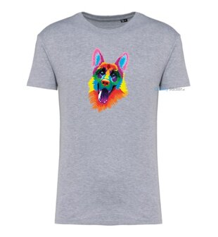 Herdershond hoofd multi kleuren T-shirt grijs
