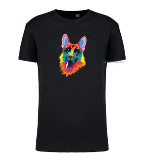 Herdershond hoofd multi kleuren T-shirt zwart