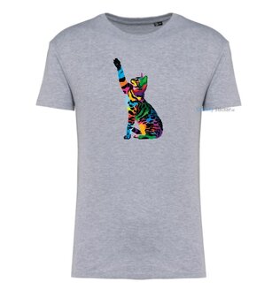 Kat zittend multi kleuren T-shirt grijs