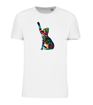 Kat zittend multi kleuren T-shirt wit