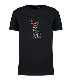 Kat zittend multi kleuren T-shirt zwart