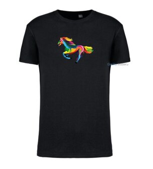 Paard in galop multi kleuren T-shirt zwart