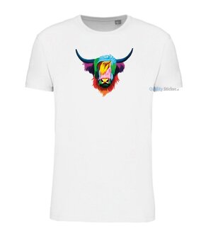Schitse hooglander hoofd multi kleuren T-shirt wit