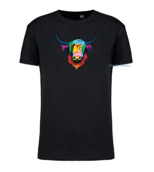 Schitse hooglander hoofd multi kleuren T-shirt zwart
