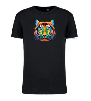 Tijger hoofd multi kleuren T-shirt zwart