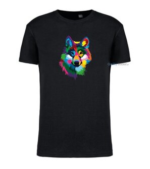 Wolf hoofd multi kleuren T-shirt zwart