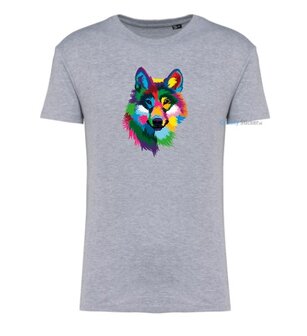 Wolf hoofd multi kleuren T-shirt grijs