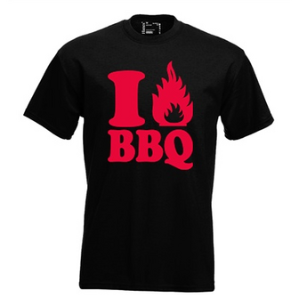 I love BBQ. Keuze uit T-shirt of Polo en div. kleuren. S t/m 5XL