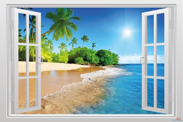Open raam zon, zee & strand muursticker