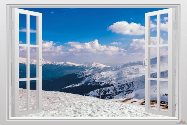 Open raam met uitzicht op besneeuwde berg en blauwe lucht full color muursticker