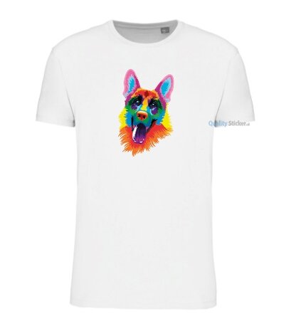 Herdershond hoofd multi kleuren T-shirt wit