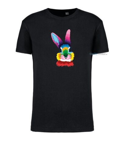 Konijn hoofd multi kleuren T-shirt zwart