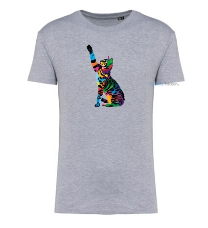 Kat zittend multi kleuren T-shirt grijs