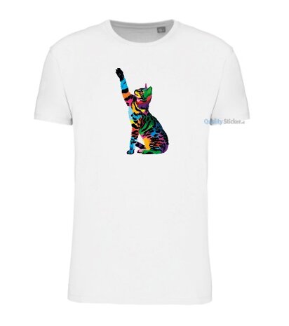 Kat zittend multi kleuren T-shirt wit