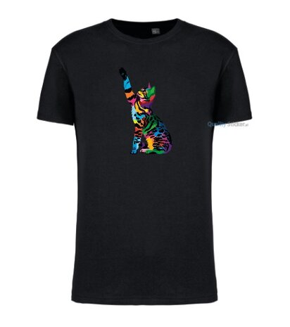 Kat zittend multi kleuren T-shirt zwart