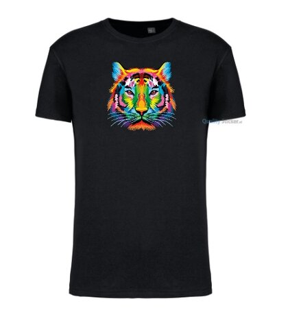 Tijger hoofd multi kleuren T-shirt zwart