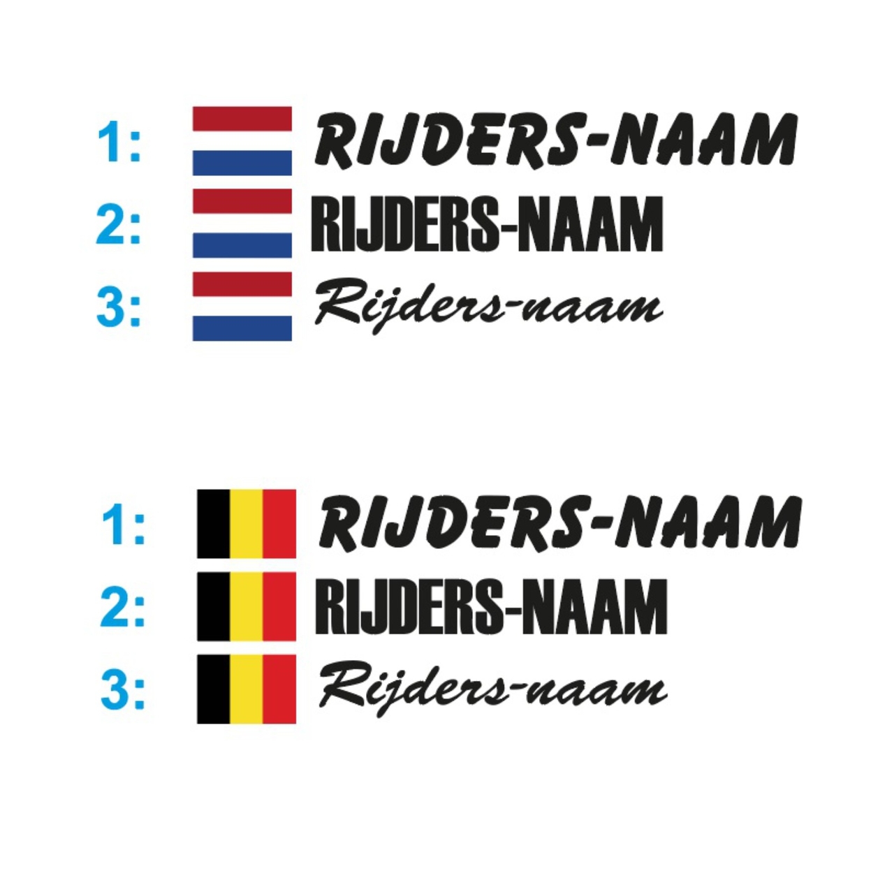 Rijdersnaam met vlag" Diverse kleuren, soorten afmetingen. - Qualitysticker.nl - Meer dan alleen