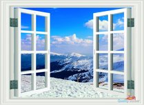 Open raam met uitzicht op berg met sneeuw en blauw lucht. Full color muursticker Open raam met uitzicht op berg met sneeuw en blauw lucht. Full color muursticker