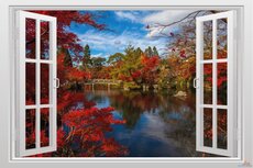 Open raam Japans meer met brug. Full color muursticker