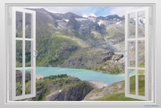 Open raam stuwmeer in de bergen muursticker full color